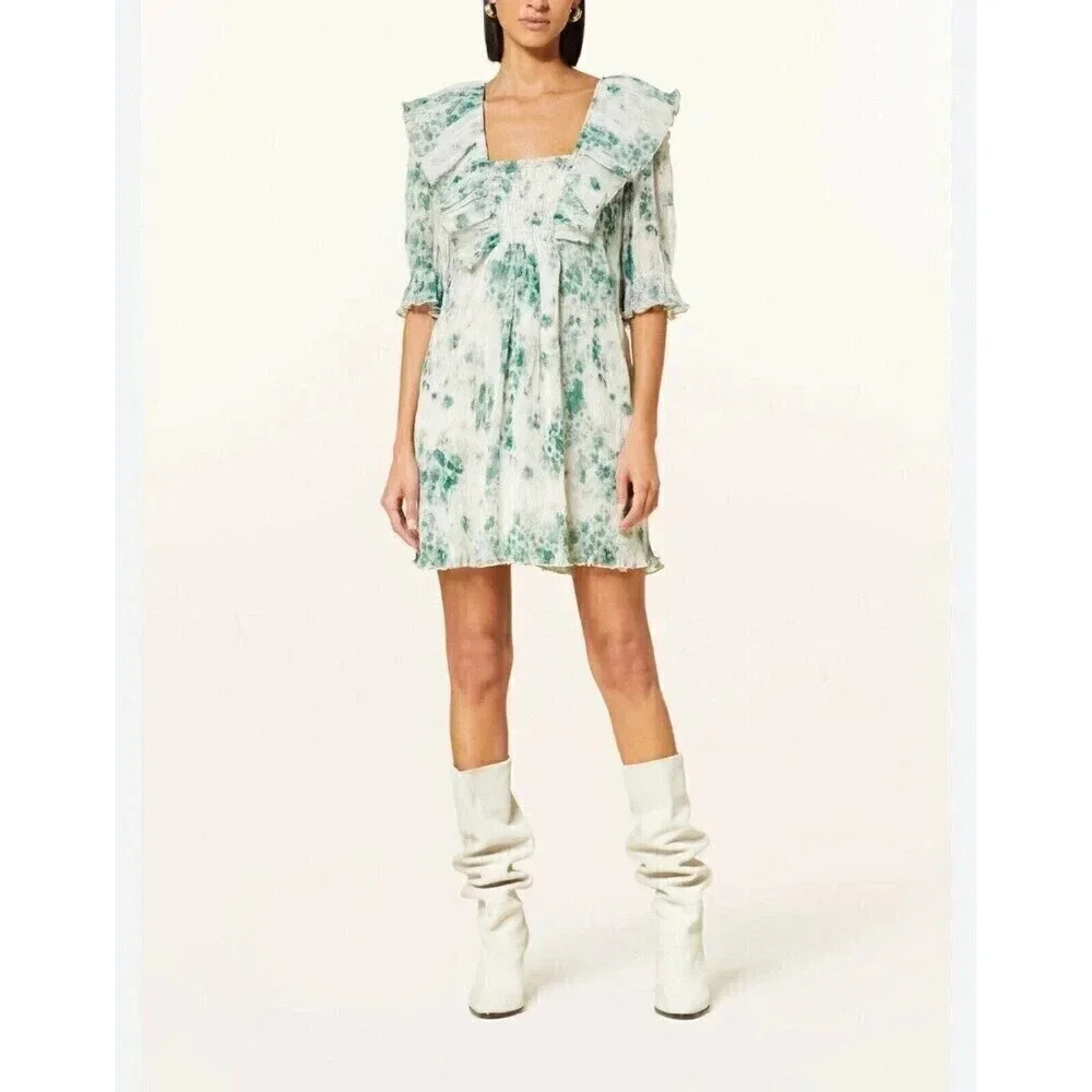 GANNI floral-print plissé-georgette minidress Size Small 4/6 Green And Cream